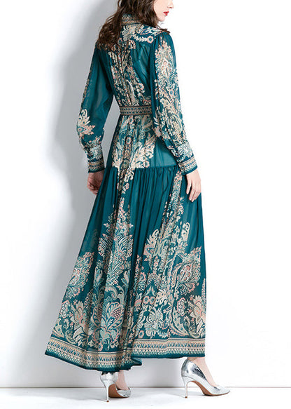 Green Stand Collar Print Tie Waist Chiffon Dress Lantern Sleeve