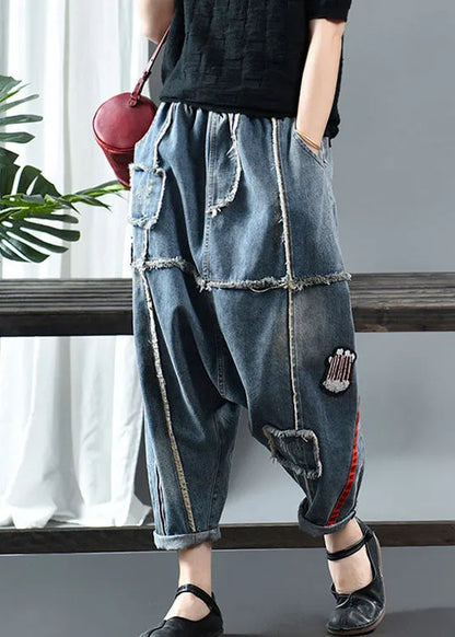 Fitted Denim Blue Patchwork Print Fall Pants
