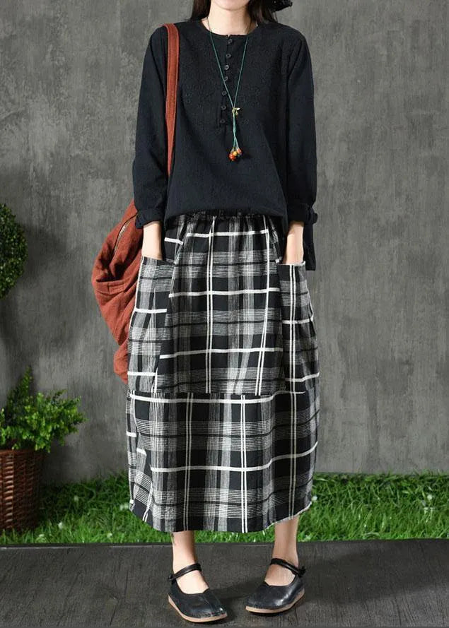 Black Plaid Pockets Patchwork a Line Fall Skirts