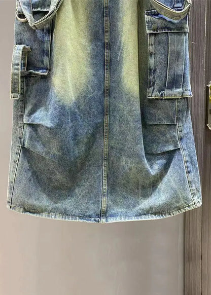 French Blue Pockets Side Open Denim Jumpsuit Sleeveless