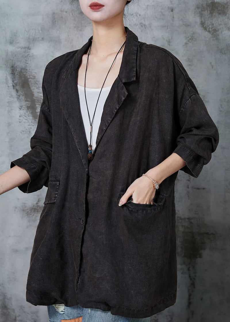 Black Oversized Pockets Linen Jackets Spring