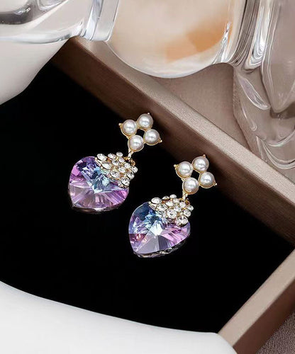 Purple Sterling Silver Inlaid Zircon Crystal Pearl Love Drop Earrings