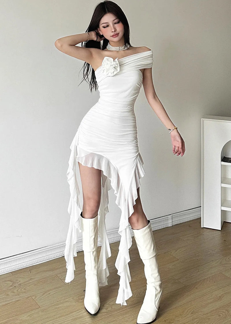 Novelty White Cold Shoulder Ruffled Patchwork Long Dresses Summer