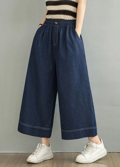 Loose Blue Pockets Elastic Waist Denim Crop Pants Spring