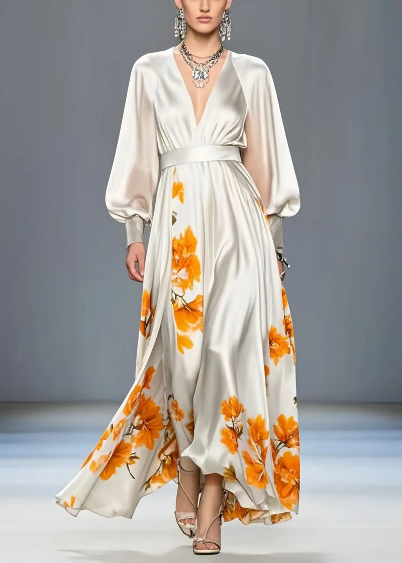 White V Neck Print Silk Cinched Dress Spring