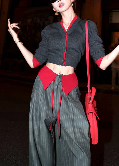 Italian Grey Knit Top and Striped Wide Leg Pants Two Pieces Set Fall