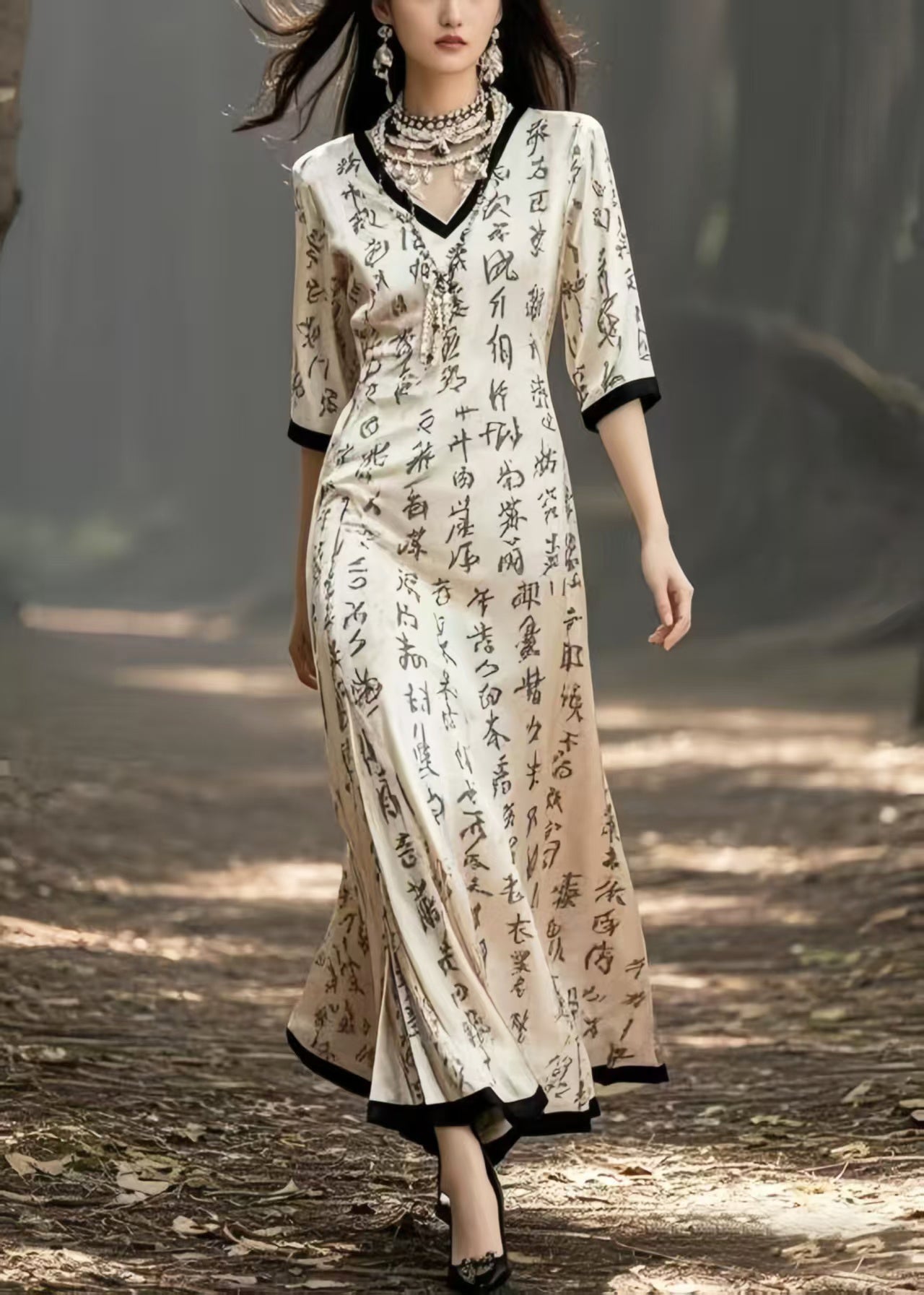 Beige V Neck Print Silk Holiday Dress Half Sleeve