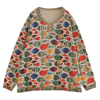 Round Neck Fish Print Knitted T-shirt