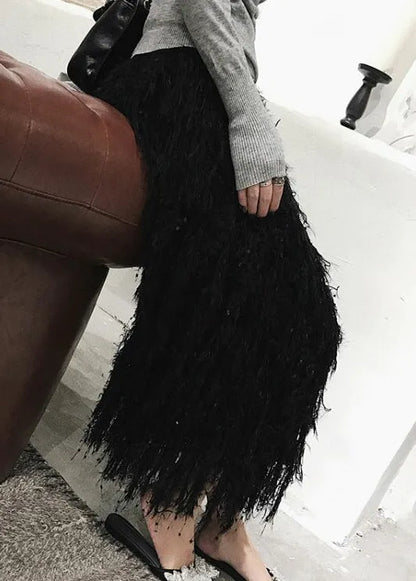 Black Feather Knit Fall Skirts High Waist