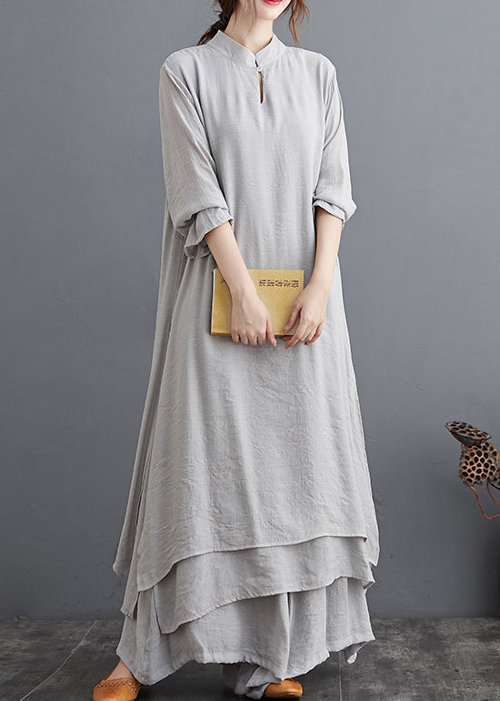 Grey Linen Two Piece Set Tops and Pants Clothing Spring Summer