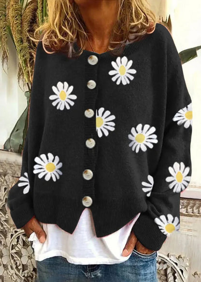 Loose Orange Dotted Daisy Embroidered Button Knit Coat Fall