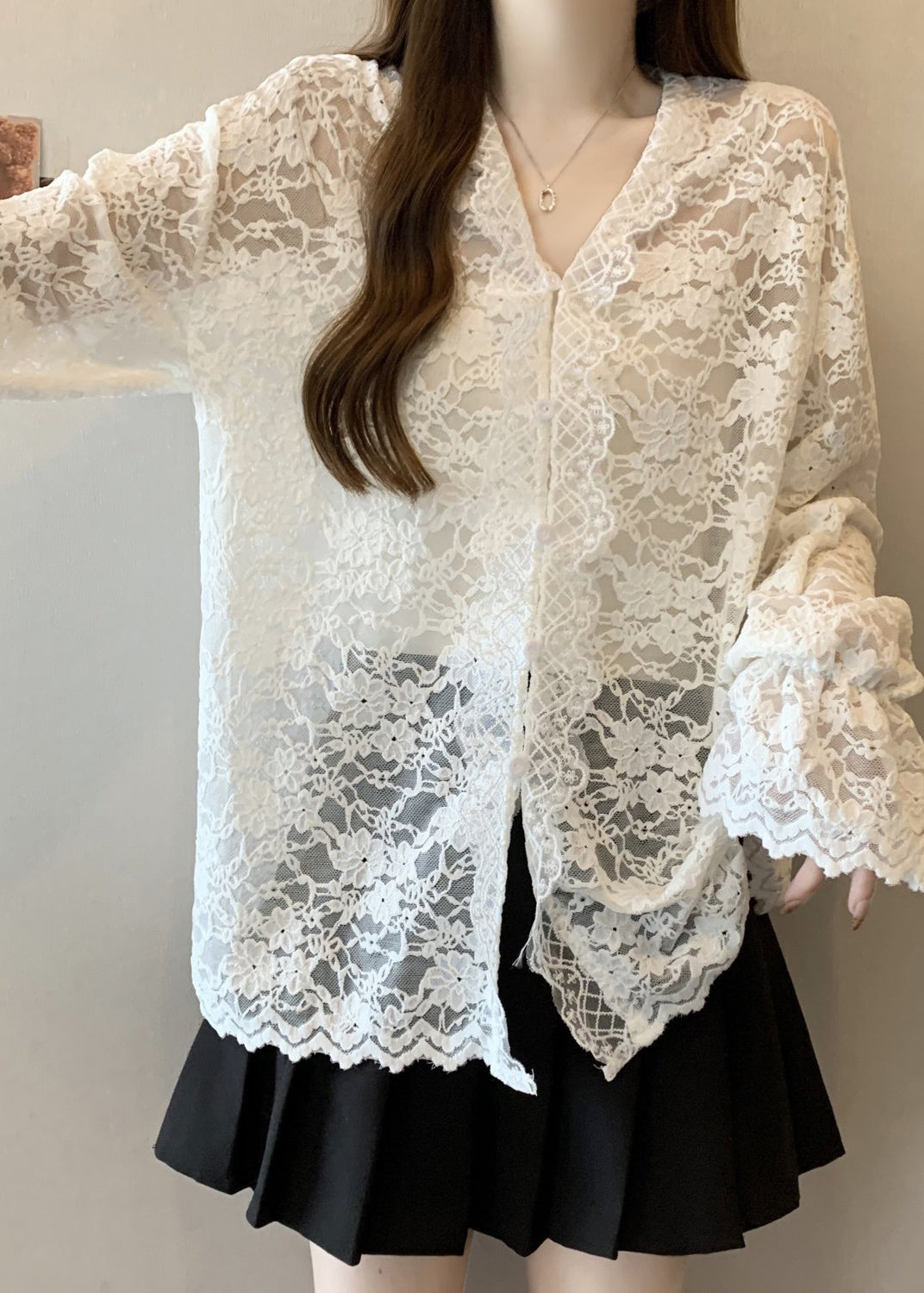 Beige V Neck Button Lace Shirt Flare Sleeve