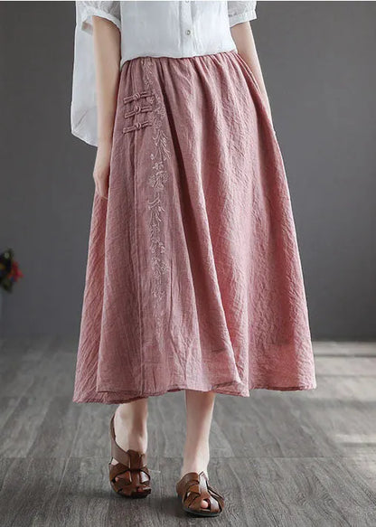 Pink Embroidered Chinese Button Linen Skirts Spring