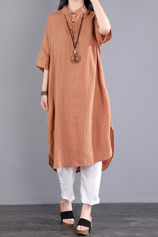 -summer Short-sleeved Long Shirt Color Cotton Linen Dress