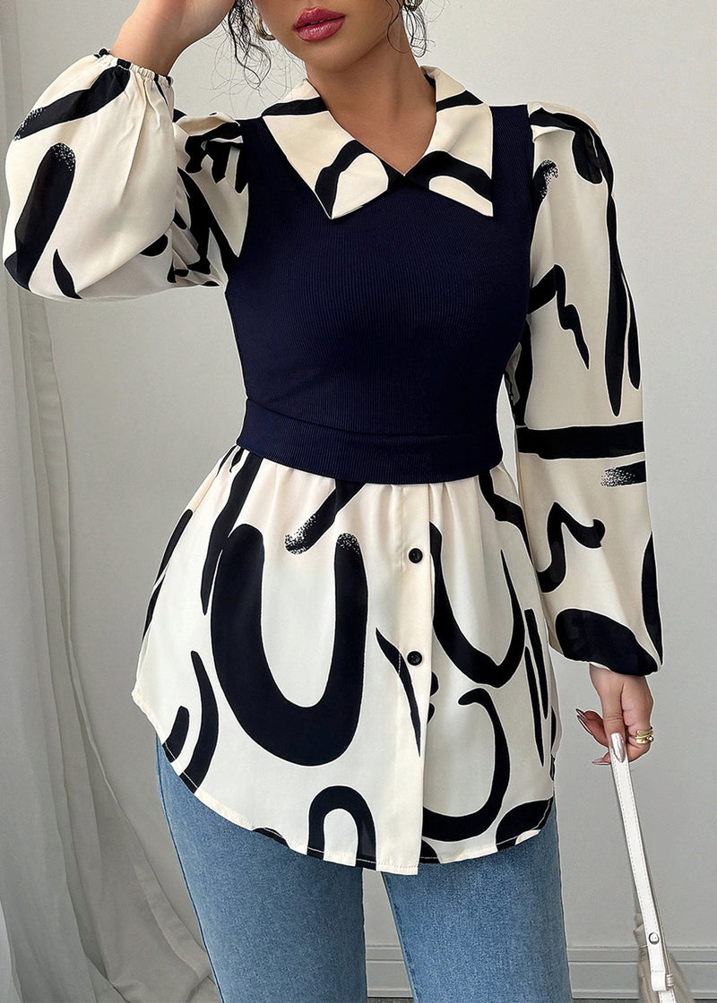 New Black Peter Pan Collar Knit Patchwork Chiffon Shirts Long Sleeve