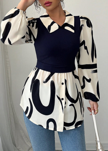 New Black Peter Pan Collar Knit Patchwork Chiffon Shirts Long Sleeve