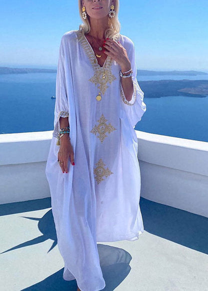 Gold Embroidered Kaftan Retro V Neck White Dress