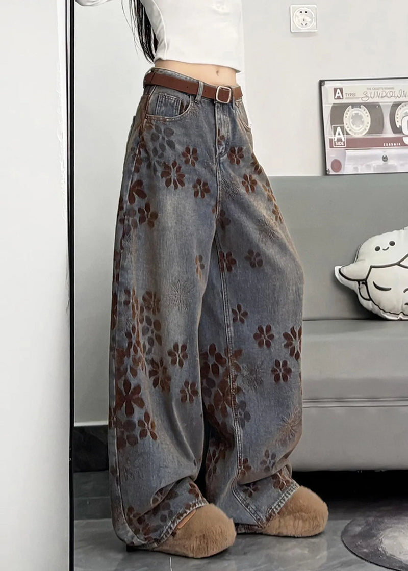 Navy Oversized Print Denim Pants Spring