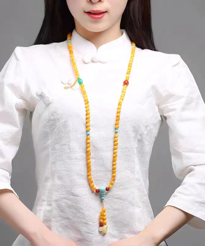Yellow Jade Amber Beeswax Beading Tassel Pendant Necklace
