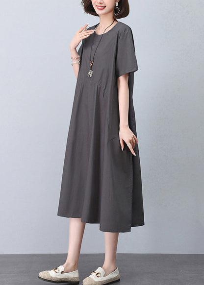 New Grey O Neck Pockets Cotton Dresses Summer
