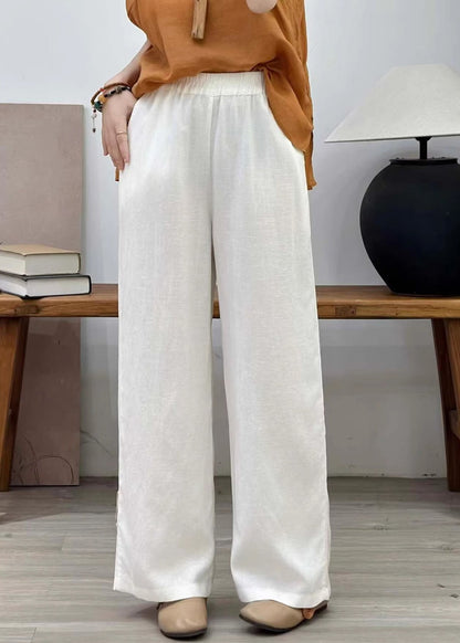 Orange Elastic Waist Linen Straight Pants Summer