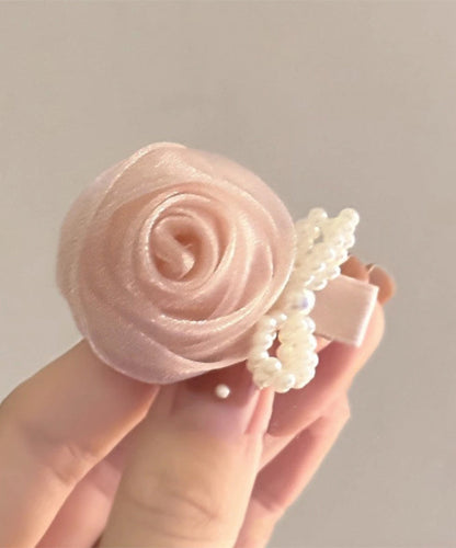 Art Pink Chiffon Pearl Rose Bow Hairpin