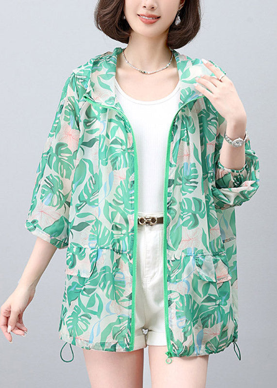 New Green Print Hooded Upf 50+ Coat Jacket Spring