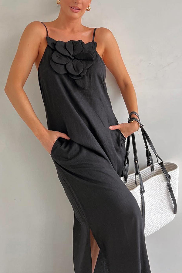 Vacay Ready Linen Blend Embellishment Pocketed Slit Maxi Dress