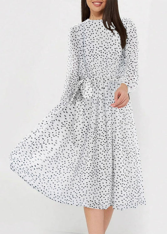 New White O Neck Dot Print Chiffon Dresses Long Sleeve