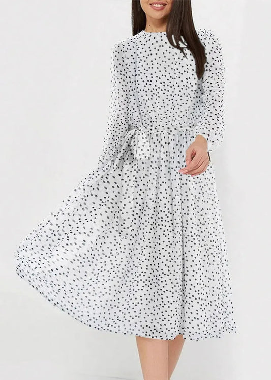 New White O Neck Dot Print Chiffon Dresses Long Sleeve