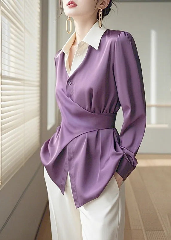 Purple Peter Pan Collar Asymmetrical Design Silk Shirts Spring