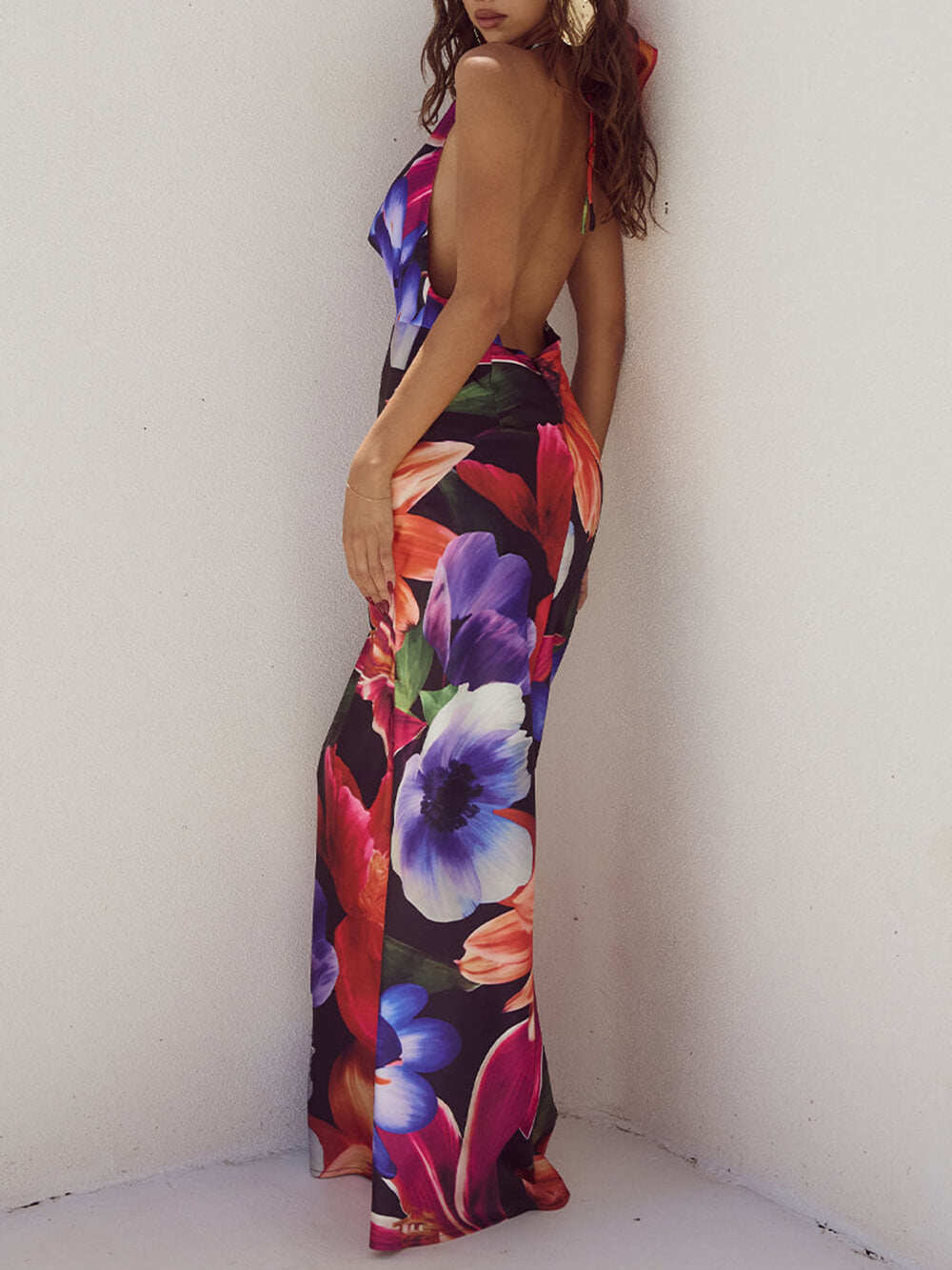 Halter Neck Print Deep V Backless Maxi Dress