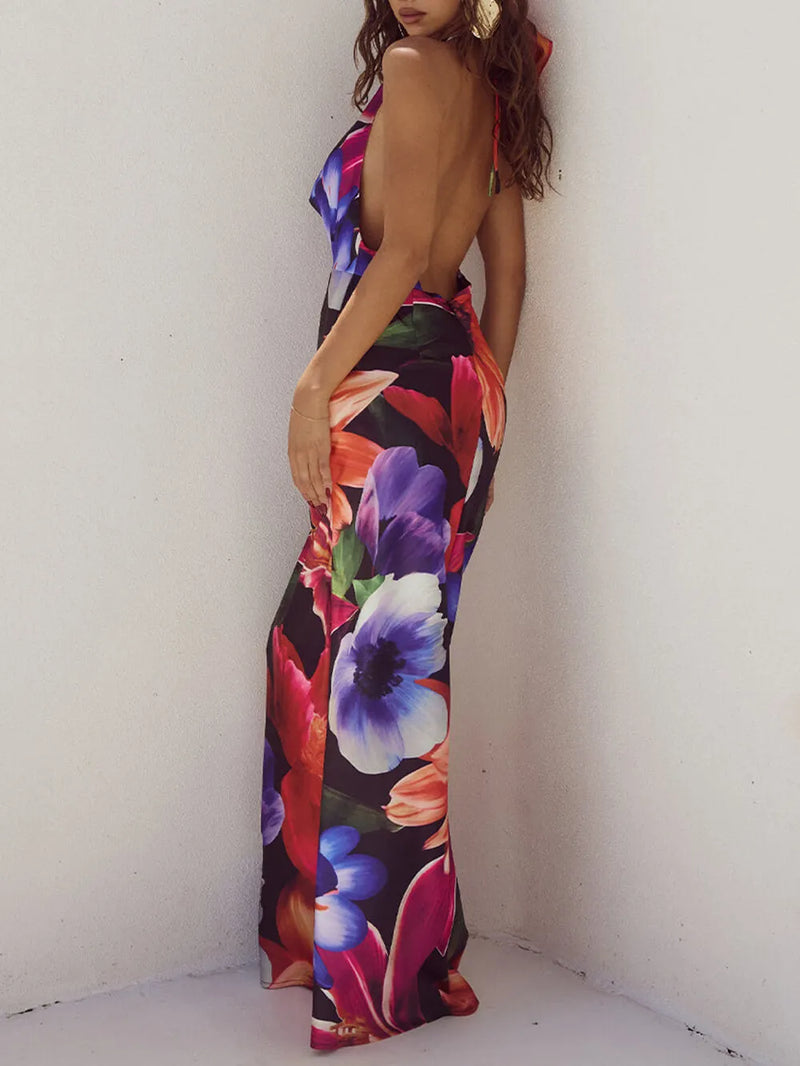 Halter Neck Print Deep V Backless Maxi Dress