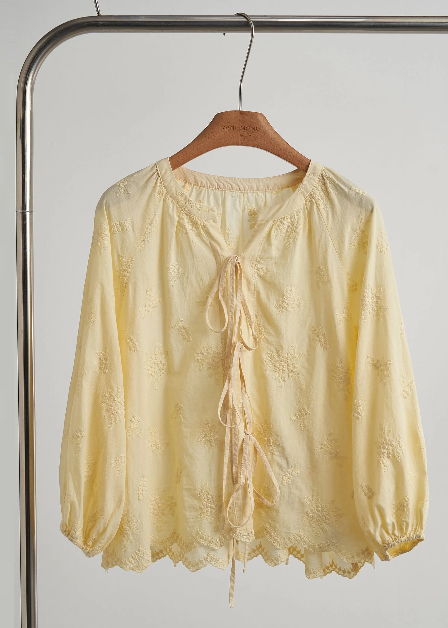 Yellow Embroidered Lace Up Cotton Shirt Top Fall