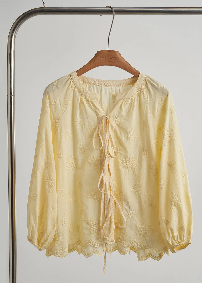 Yellow Embroidered Lace Up Cotton Shirt Top Fall