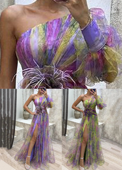Green Asymmetrical Side Open Tulle Dress Long Sleeve
