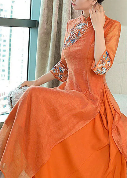 Orange Embroideried Side Open Silk Dresses Summer