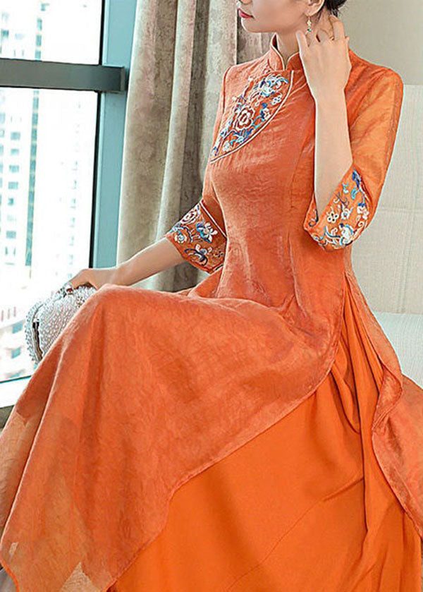 Orange Embroideried Side Open Silk Dresses Summer