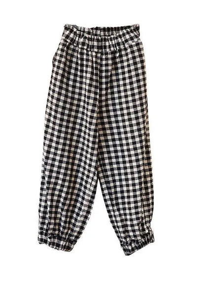 Plaid Linen Cotton Ankle Length Pants