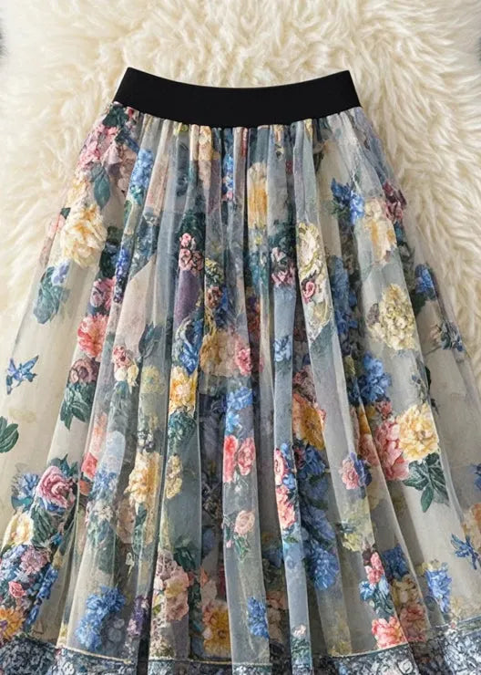 French White Print Tulle Holiday Skirt Summer