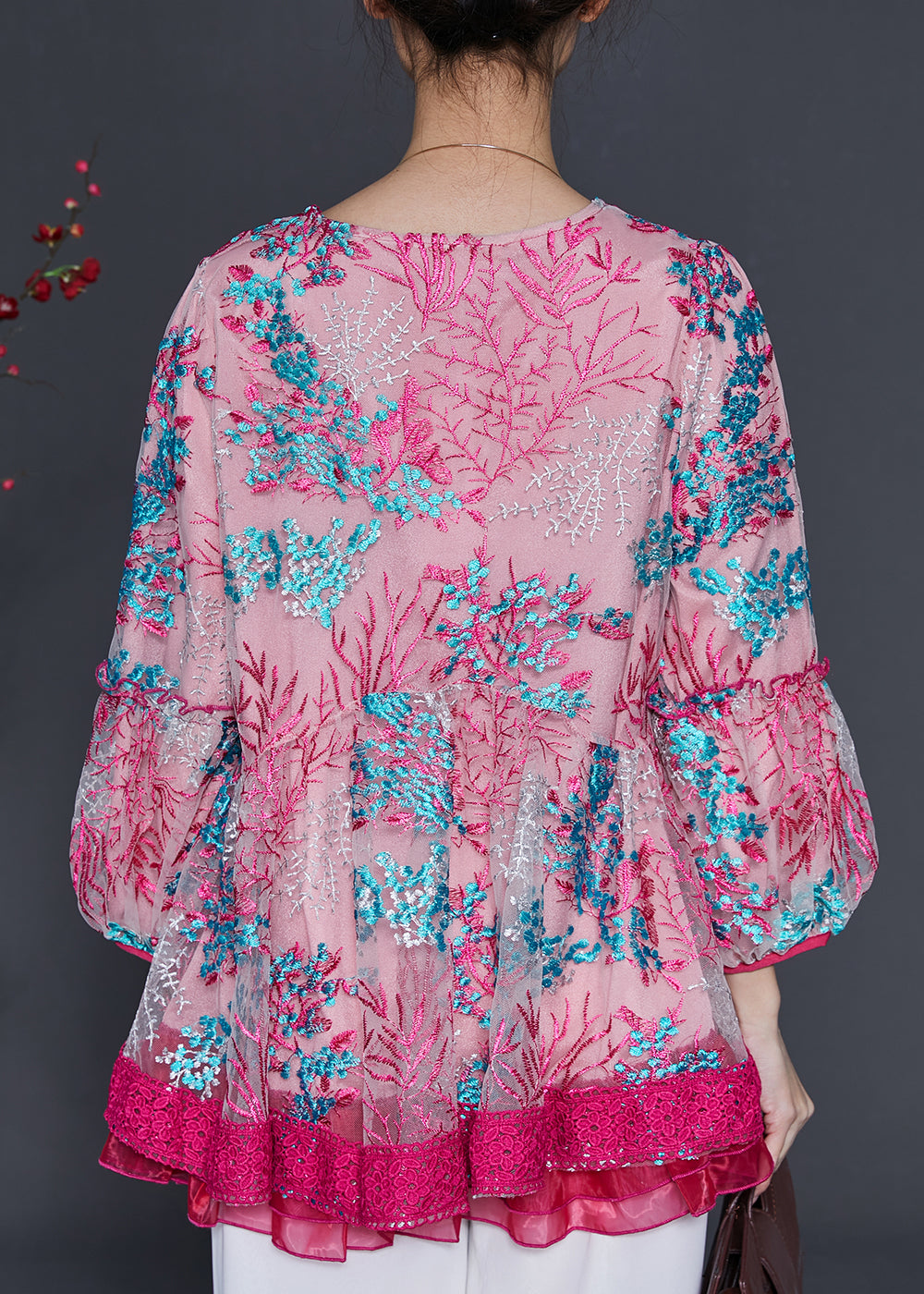Rose Embroidered Patchwork Tulle Shirt Spring