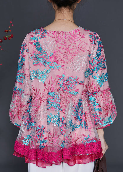 Rose Embroidered Patchwork Tulle Shirt Spring