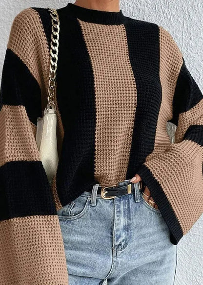 Khaki O Neck Striped Knit Sweaters Fall