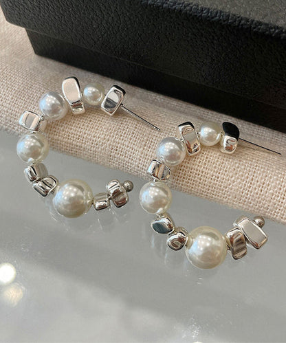 Original White Sterling Silver Pearl Broken Silver Hoop Earrings