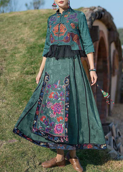 Fine Green Wrinkled Embroidered Pockets Patchwork Silk Skirt Summer