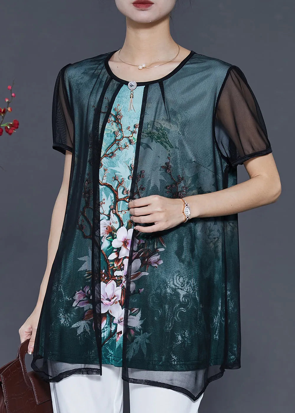 Green Flower Tulle Fake Two Piece Shirt Tops Summer