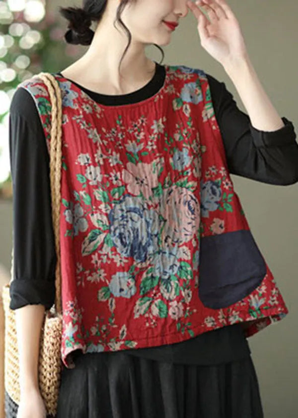 Red Linen Vest O-neck Pocket Patchwork Sleeveless