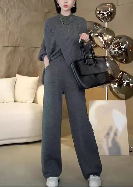 Loose Dark Gray Asymmetrical Sweaters and Pants Knit Two Piece Set Winter