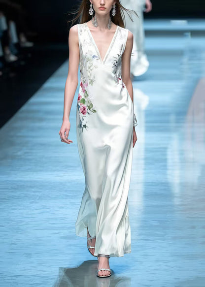 White V Neck Silk Straight Dress Sleeveless