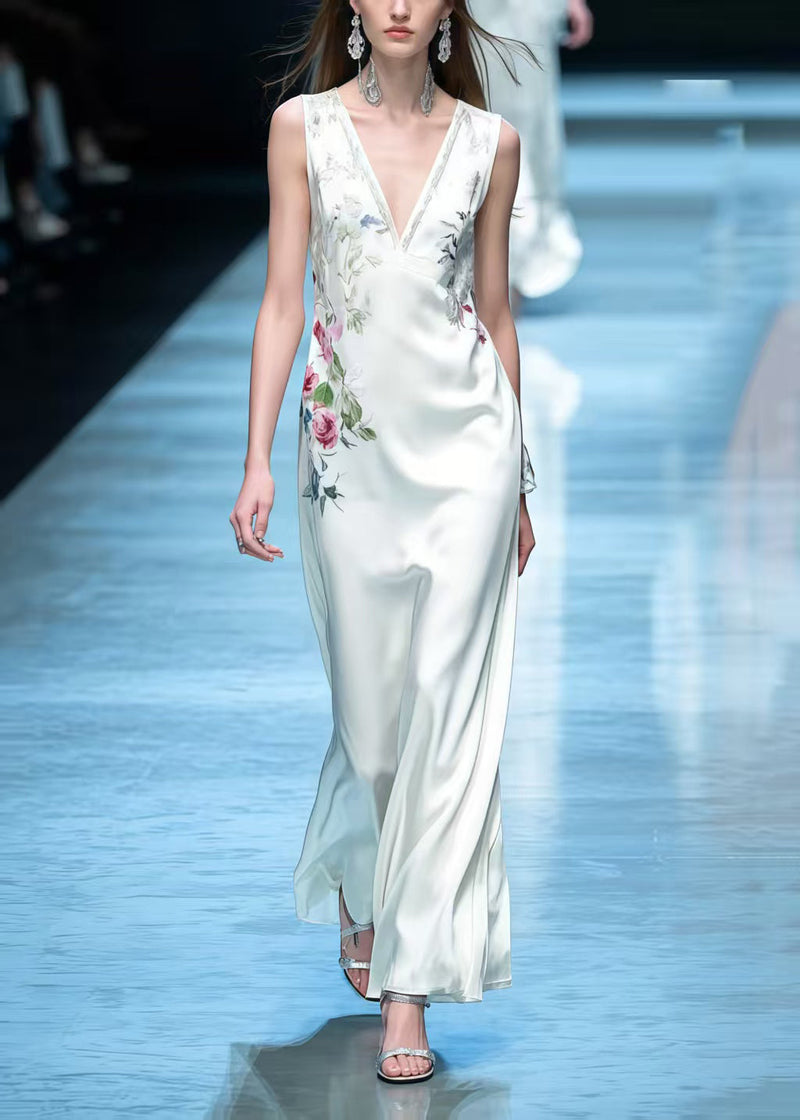 White V Neck Silk Straight Dress Sleeveless